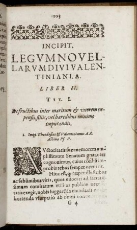Incipit. Legum Novellarum Divi Valentiniani. A. Liber II.