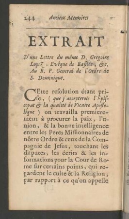 XV. Extrait D'une Lettre du même D. Gregoire Lopez