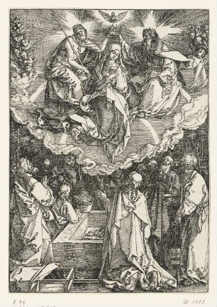 Mariä Himmelfahrt und Krönung, Blatt 19 aus: Albrecht Dürer, "Epitome in Divae Parthenices Mariae Historiam ab Alberto Durero Norico per figuras digestam cum versibus annexis Chelidonii", Nürnberg 1511, [ohne Kustode]