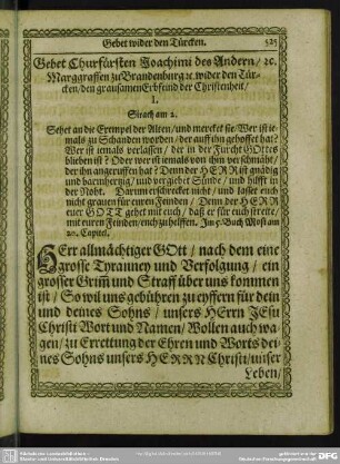 Gebet Churfürsten Joachimi des Andern, [et]c. Marggraffen zu Brandenburg [et]c. wider den Türcken, den grausamen Erbfeind der Christenheit