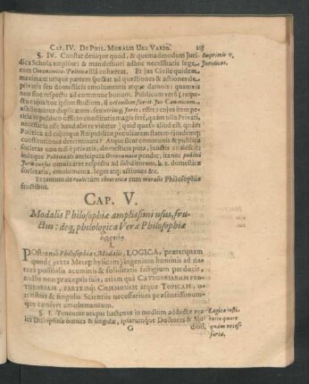 Cap. V. Modalis Philosophiae amplissimi usus, fructus: deque philologica Verae Philosophiae ...