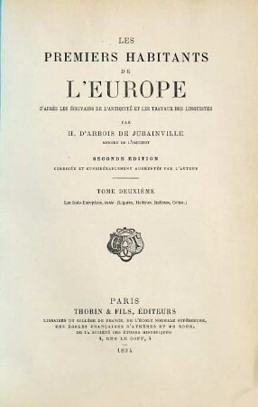 Les premiers habitants de l'Europe : d'après les écrivains de l'antiquité et les travaux des linguistes, 2