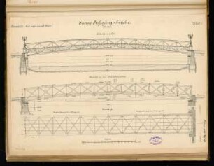 Eiserner Steg Monatskonkurrenz Februar 1892: Grundriss , Aufriss Seitenansicht, Längsschnitt; Maßstabsleiste