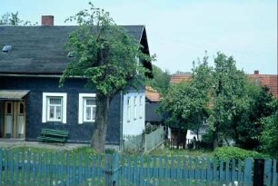 einstöckgies Haus mit zweiflügeliger Tür, Vordach