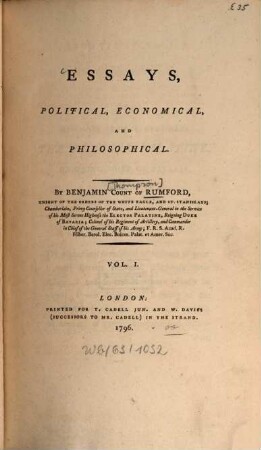 Essays, Political, Economical And Philosophical, 1. (1796). - 14 Bl., 464 S. : Ill.