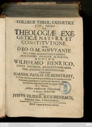 Collegii Theol. Exegetici Disp. Prima De Theologiæ Exegeticæ Natvra Et Constitvtione