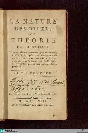 1: La Nature Dévoilée : ou Théorie De La Nature ...