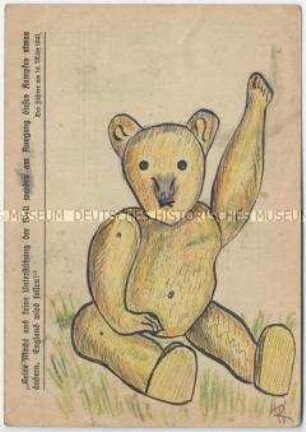 Selbstgezeichnete Feldpostkarte an den Sohn: Teddybär