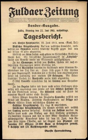 Erste Ausgabe vom Dienstag, den 22. Juni 1915.