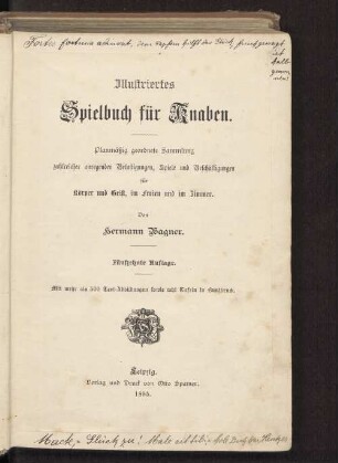 Illustrirtes Spielbuch für Knaben : planmäßig geordnete Sammlung zahlreicher anregender Belustigungen, Spiele und Beschäftigungen für Körper und Geist, im Freien und im Zimmer