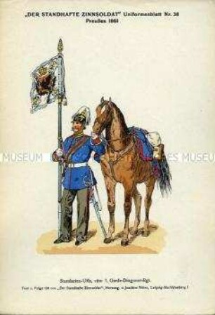 Uniformdarstellung, Unteroffizier mit Standarte des 1. Garde-Dragoner-Regiments, Königreich Preußen, 1861.