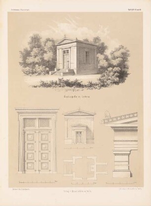 Grabkapelle, Gribow: Grundriss, Perspektivische Ansicht, Details (aus: Architektonisches Skizzenbuch, H. 57/4, 1862)