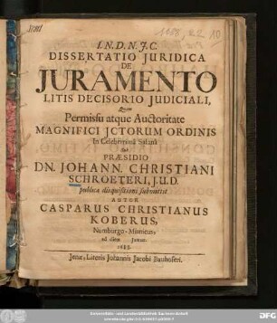 Dissertatio Iuridica De Iuramento Litis Decisorio Iudiciali