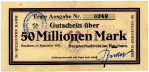 Geldschein / Notgeld, 50 Millionen Mark, 17.9.1923