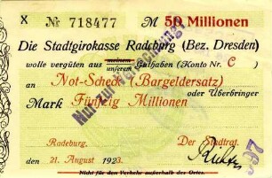 Not-Scheck (Bargeldersatz) über Fünfzig Millionen Mark