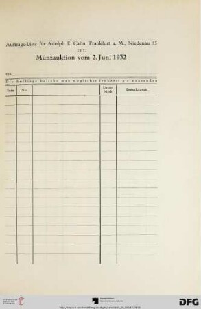 Auftrags-Liste für Adolph E. Cahn
