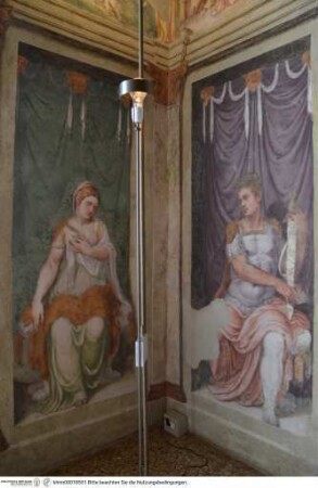 Freskendekoration mit Scheinarchitektur, fingierten Statuen, Figuren der Antike, Landschaften und mythologischen Szenen