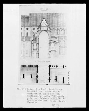 Ansicht von Langhaus und Choranfang mit Querschnitt durch den südlichen Querhausarm der Kirche Saint-Rémi zu Reims