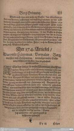 Der 174. Artickel. Was under Hauptman/ Vorwalter/ Bergmeister und Geschworne/ vormüge unser Ordenung befehlen und schaffen/ dem sol gehorsamb geleistet werden.