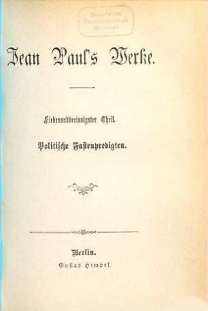 Jean Paul's Werke, 37. Politische Fastenpredigten während Deutschlands Marterwoche