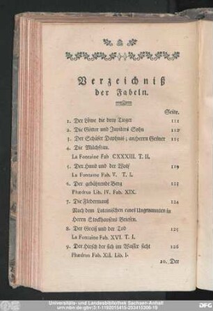 Verzeichniß der Fabeln.