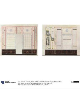 Berlin. Schloss Glienicke, Kleine Neugierde. Entwurf zur Ausmalung. Grundriss und die vier Wände