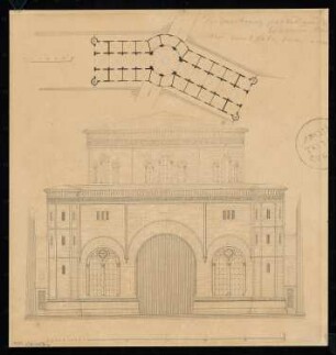 Passage, Berlin Monatskonkurrenz Februar 1832: Grundriss Erdgeschoss, Aufriss Straßenansicht; 2 Maßstabsleisten
