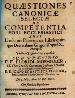 Quaestiones Canonicae Selectae De Competentia Fori Ecclesiastici