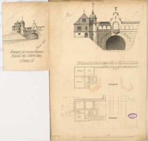 Tunneleinfahrt Monatskonkurrenz Februar 1896: Variante B: Grundriss Erdgeschoss und Obergeschoss des Wärterhauses, Aufriss Vorderansicht 1:100; perspektivische Ansicht; Maßstabsleiste