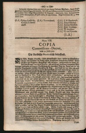 Num. VIII. Copia Commissions-Decret, vom 20. Julii 1710. Die Nordische Neutralität betreffend
