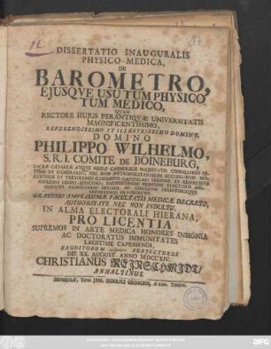 Dissertatio Inauguralis Physico-Medica, De Barometro, Ejusqve Usu Tum Physico Tum Medico