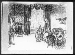 Gastzimmer im "Hotel zur goldenen Kugel" : Bühnenbilder zu Barlachs Drama "Der blaue Boll". Gastzimmer im "Hotel zur goldenen Kugel". Kohlezeichnung; 22,2 x 28,2 cm (1926; E. Barlach). Güstrow, Heidberg 15. Atelier des Bildhauers