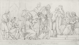 Relief für die Aula des Leipziger Augusteums : Rietschel, Ernst: Relief für die Aula des Leipziger Augusteums. Baukunst, Minnesänger, Rittertum. 1836.02. Bleistift auf Velin (hellelfenbeinfarben); 27,5 x 46,8 cm (Blattgröße). WVZ 1995, Seite 252