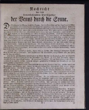 Nachricht von dem bevorstehenden Durchgange der Venus durch die Sonne.