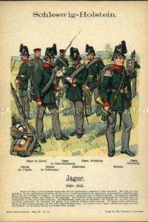 Uniformdarstellung, Gemeine, Offiziere, Feldwebel und Hornist der Jäger-Bataillone, Herzogtümer Schleswig und Holstein, 1848/1851.