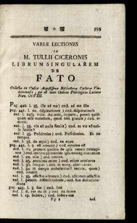 Variae Lectiones in M. Tullii Ciceronis Librum Singularem De Fato.