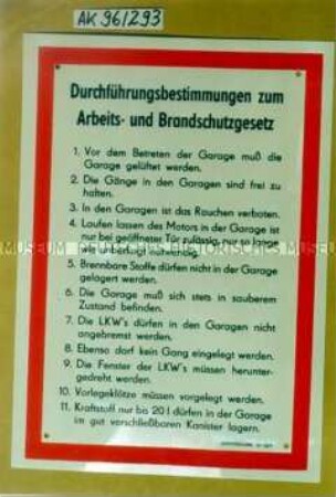 Tafel: "Durchführungsbestimmungen zum Arbeits- und Brandschutzgesetz"
