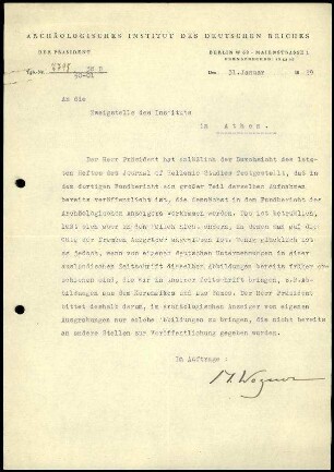 M. Wegner an DAI Athen