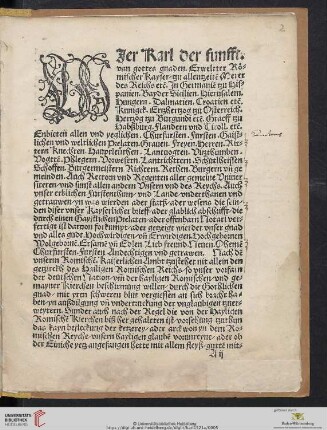 WIer Karl der funfft, van gottes gnaden, Erweltter Römischer Kayser [...]