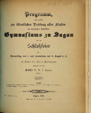 Programm des Königl. Katholischen Gymnasiums zu Sagan : über das Schuljahr ..., 1878/79