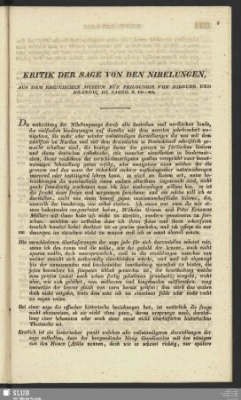 Kritik Der Sage Von Den Nibelungen, Aus Dem Rheinischen Museum Für Philologie Von Niebuhr Und Brandis, III. Jahrg. S. 435-464