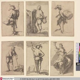 Oben rechts: [Rückenansicht eines Soldaten mit Federhut, eine Trommel auf dem Rücken tragend]