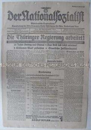 Regionale NS-Wochenzeitung (?) "Der Nationalsozialist" zum Rechenschaftsbericht der thüringischen Landesregierung
