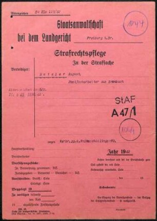 Angeklagter: Rotzler, August (Postfacharbeiter); Brombach *22.06.1899 in Brombach; + ? Delikt: Verbrechen gegen die Volksschädlingsverordnung Unterschlagung von Feldpostpäckchen Tatort: Haagen Tatzeit: Oktober 1942