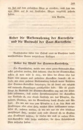 Ueber die Aufbewahrung der Kartoffeln und die Auswahl der Saat-Kartoffeln.