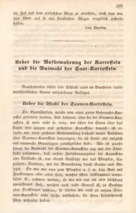 Ueber die Aufbewahrung der Kartoffeln und die Auswahl der Saat-Kartoffeln.