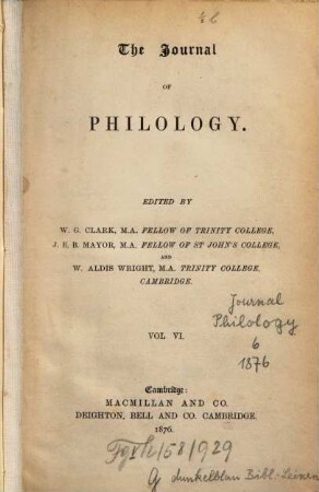 The journal of philology. 6. 1876