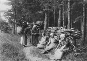 Holzleserinnen am Waldrand sitzend bzw. stehend