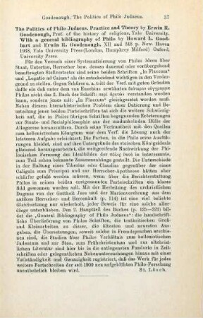 37 [Rezension] Goodenough, Erwin Ramsdell, The politics of Philo Judaeus