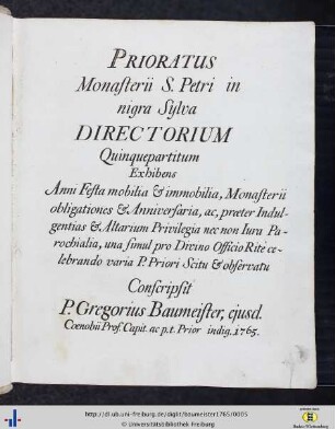 Prioratus Monasterii S. Petri in nigra Sylva Directorium Quinquepartitum
